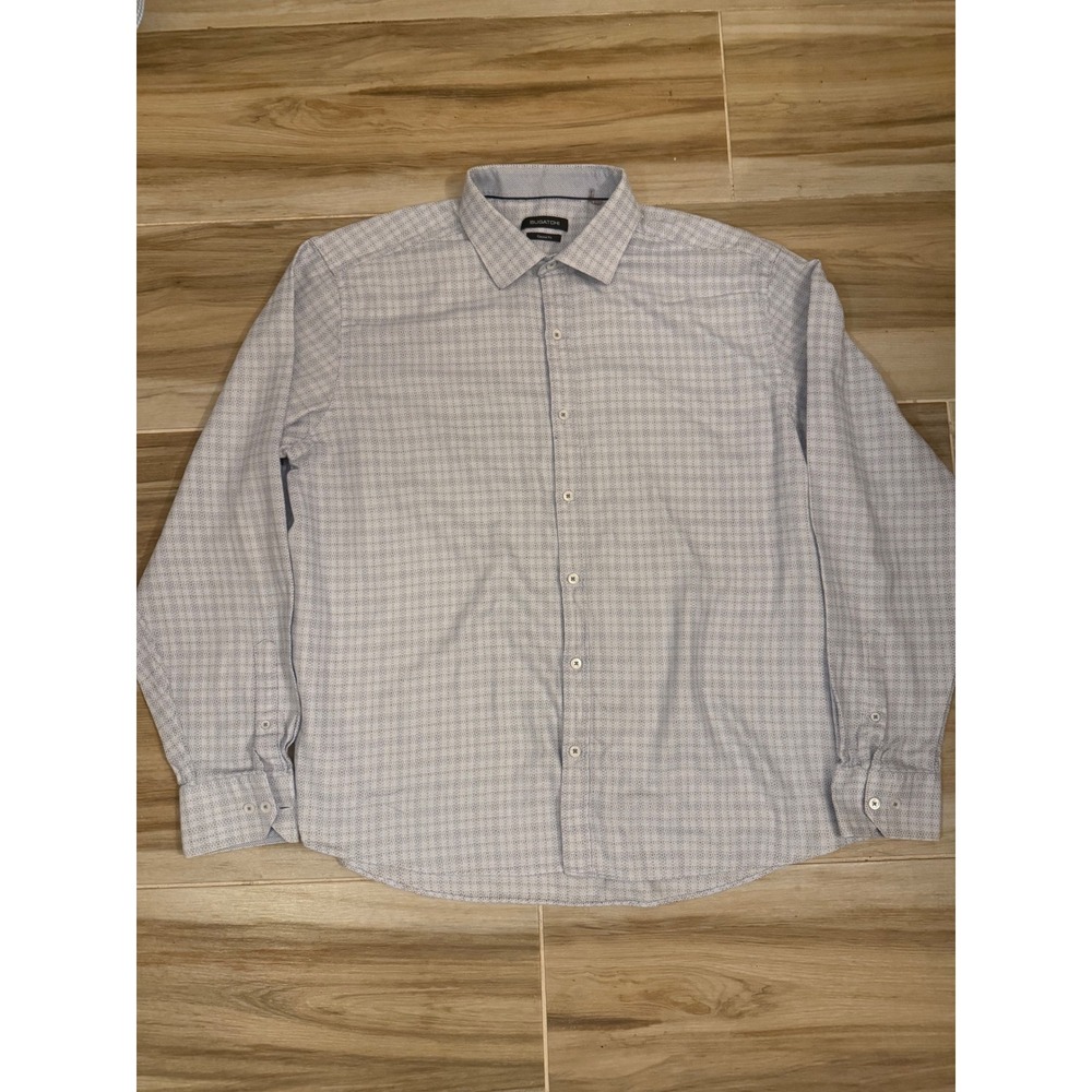 Bugatchi Classic Fit Mens Blue White Geometric Print Button Down Shirt L/S
